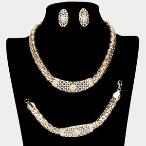 Gold 3 Piece Paved Rhinestone Crystal Necklace Jewelry Set Statement Chain